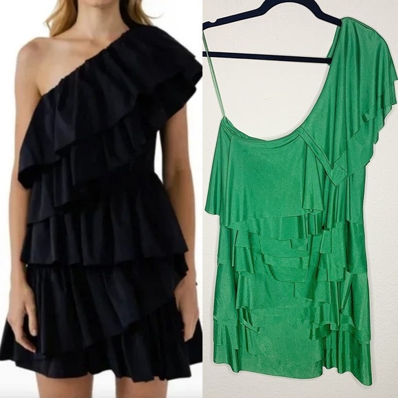 New BCBGMaxAzria Kelly Green Tiered One Shoulder Mini Dress Size Medium - Picture 1 of 8